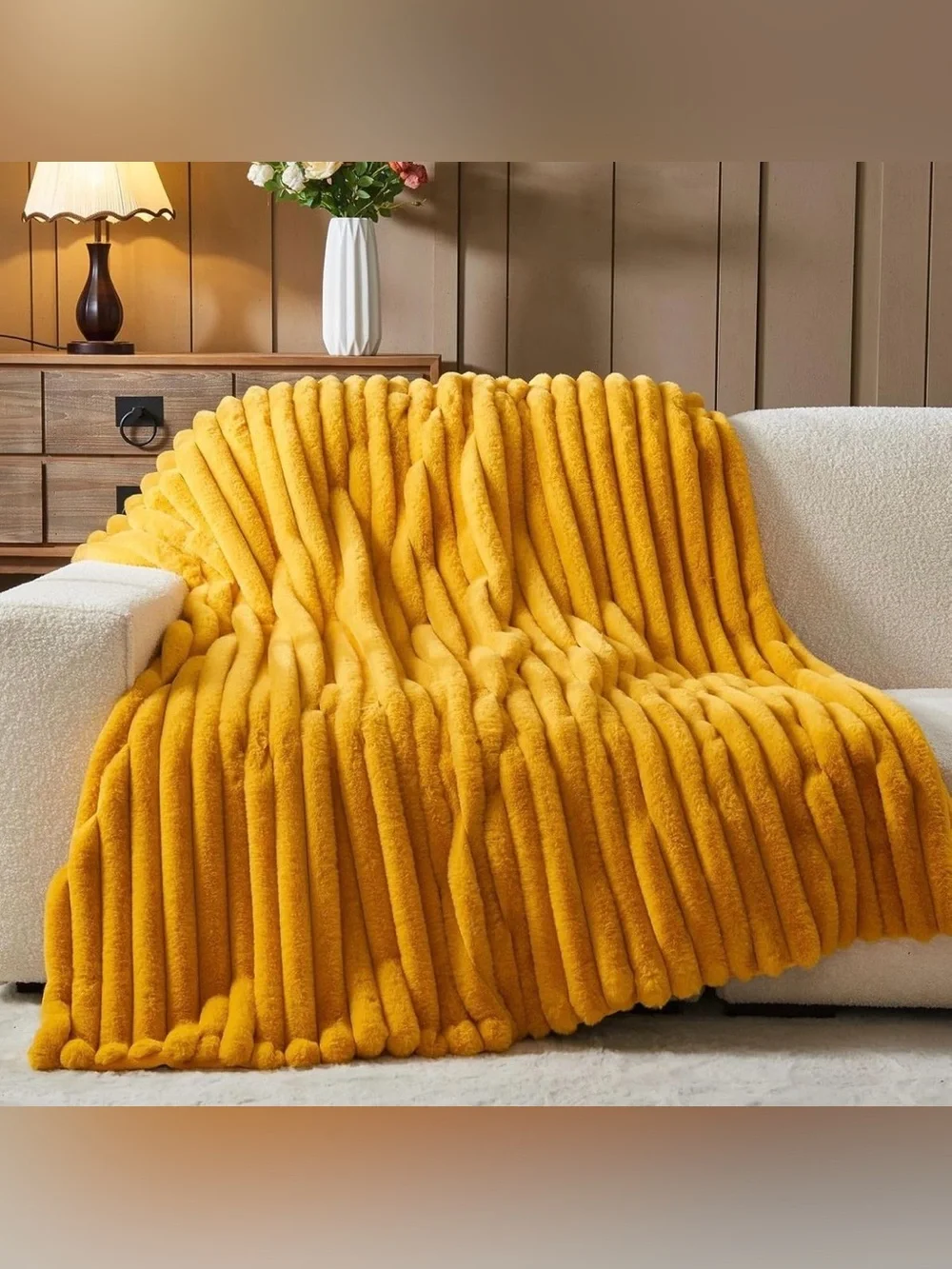 Newcosplay Plush 3D Ribbed Faux Fur Throw Blanket - Mustard Yellow 50” X 60”
